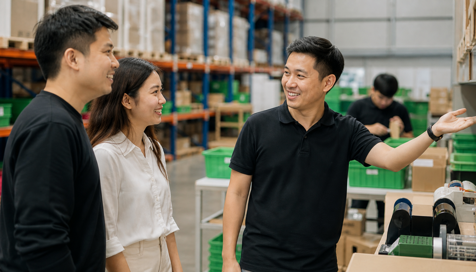 Friendly warehouse staff guiding sellers inside a clean fulfillment area