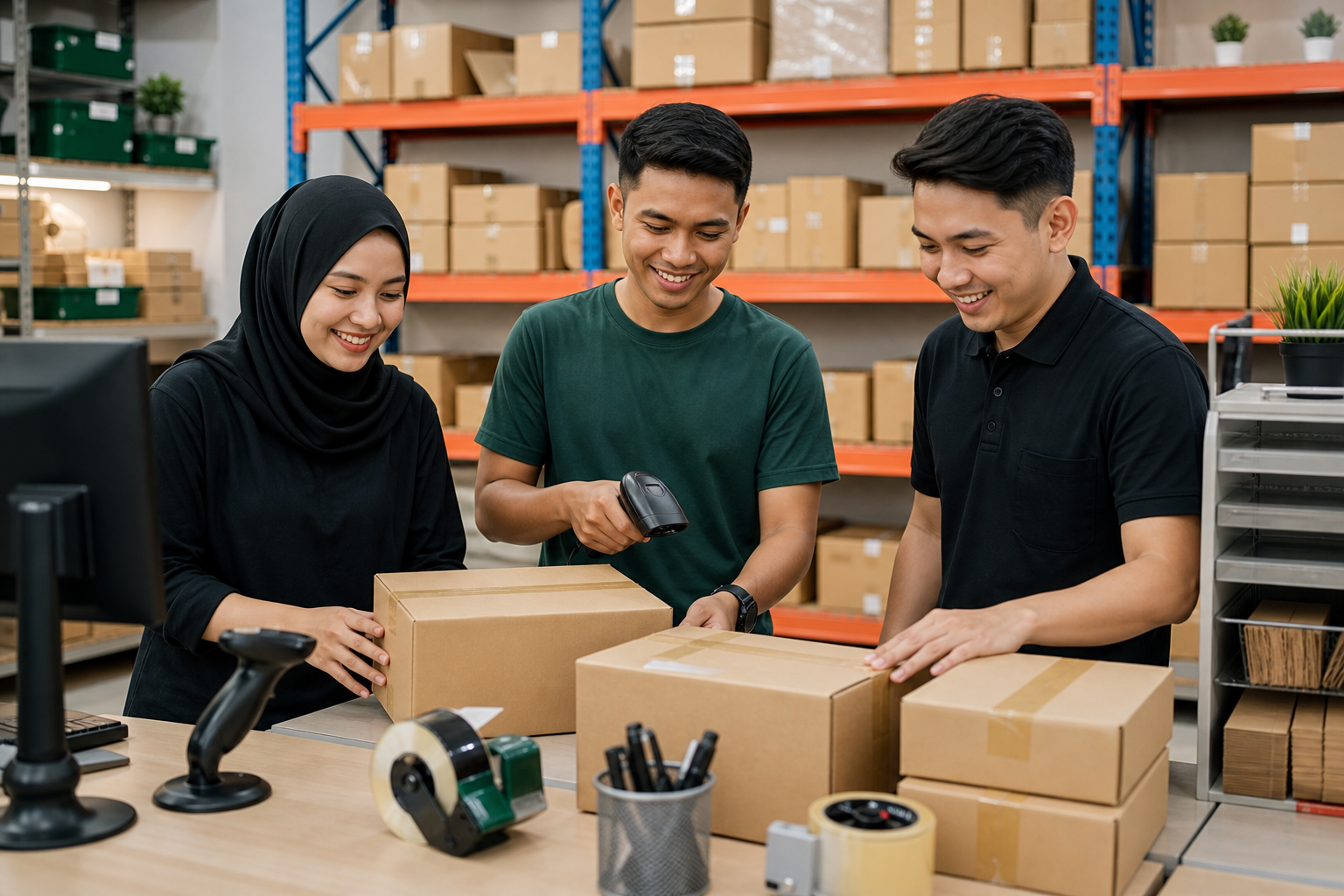 Friendly warehouse teammates checking packed parcels together